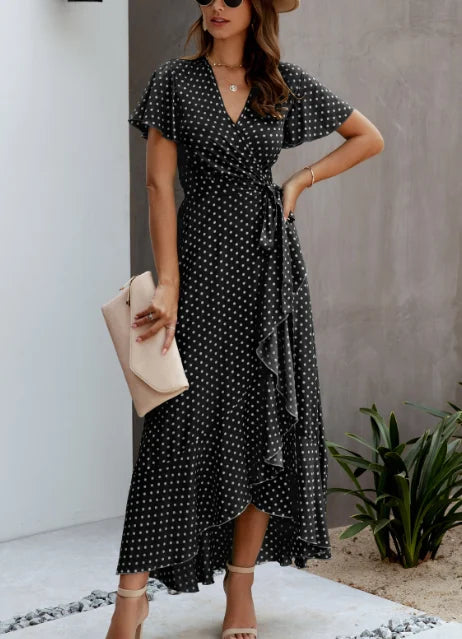 Hot Summer Casual Women's Elegant Dresses Boho Polka Dot Sexy Deep V-Neck Ruffles Slim Long Dress Holiday Leisure dress Sundress