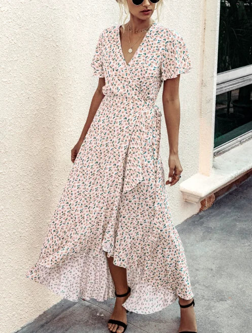 Hot Summer Casual Women's Elegant Dresses Boho Polka Dot Sexy Deep V-Neck Ruffles Slim Long Dress Holiday Leisure dress Sundress