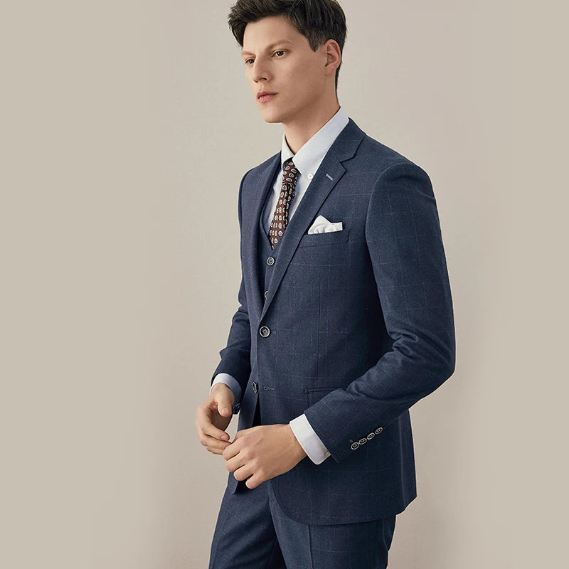 Blue Plaid Men Suit Set Groom Wedding Dress Business Man Wear Slim Style Casual Blazer Vest Pant Set Plus Size 56A