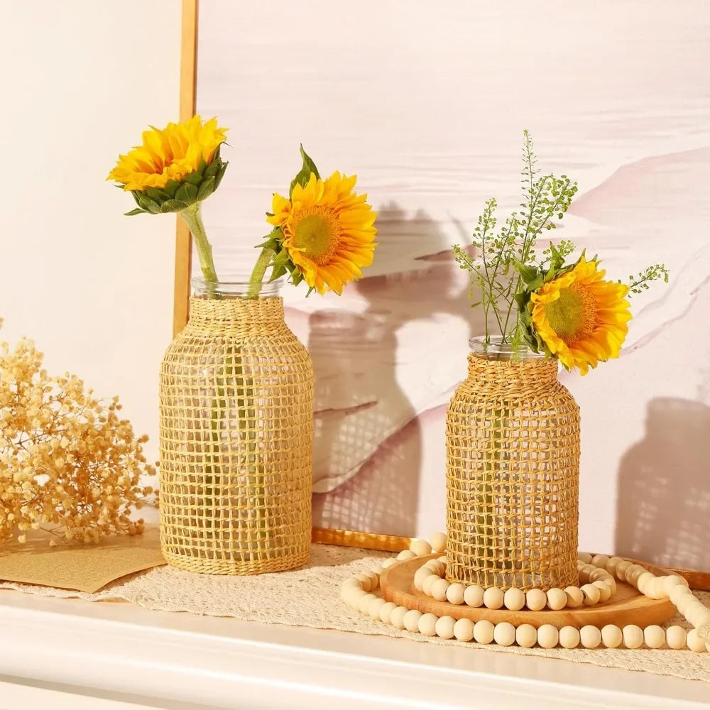 Rustic Farmhouse Vase, Hand Woven Boho Glass Vase for Home Decor, Artistic Decorative Dried Pampas Flower Vases for Bookshlef