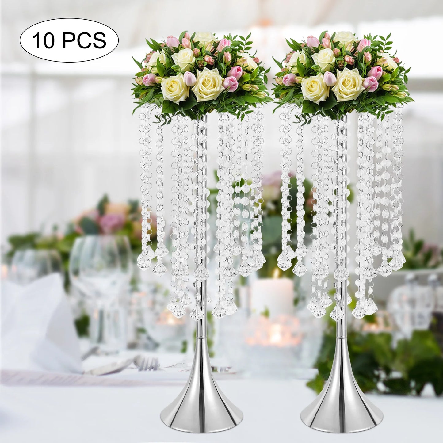 10Pcs Crystal Flower Vases Wedding Centerpieces Props Table Event Party Stage Tall Trumpet Vase 21.9"For Wedding Centerpiece