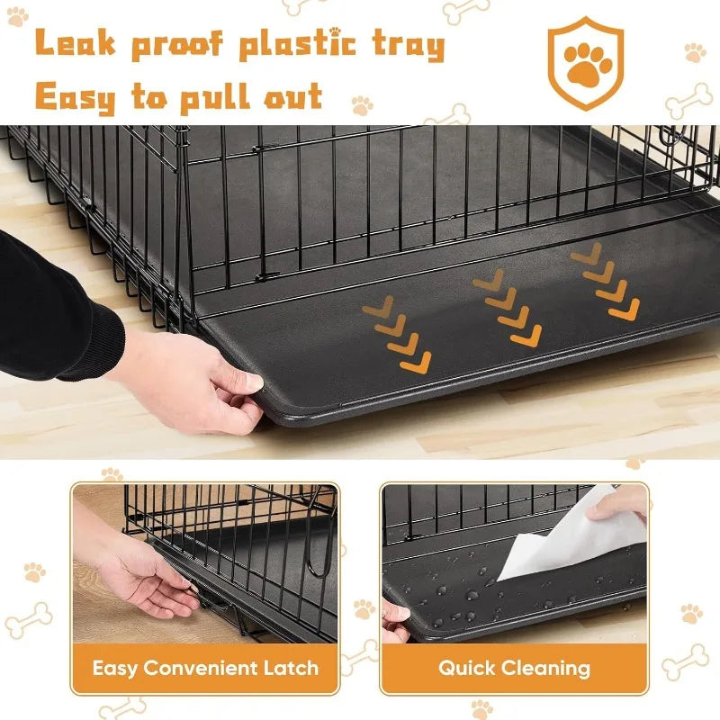 Dog Crate, 36 Inch Medium Double Door Dog Crate with Dividers and Plastic Leak-Proof Tray, Folding Wire Pet Cage