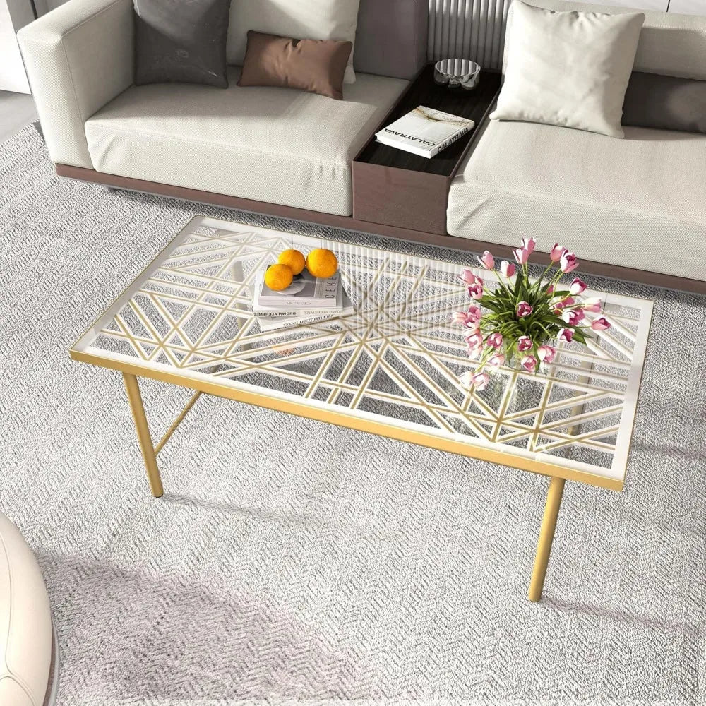 Rectangular Glass Coffee Table, Modern Coffee Table with 3D Hollowed Out Carved Wooden Board, Living Room Gold Coffee Table