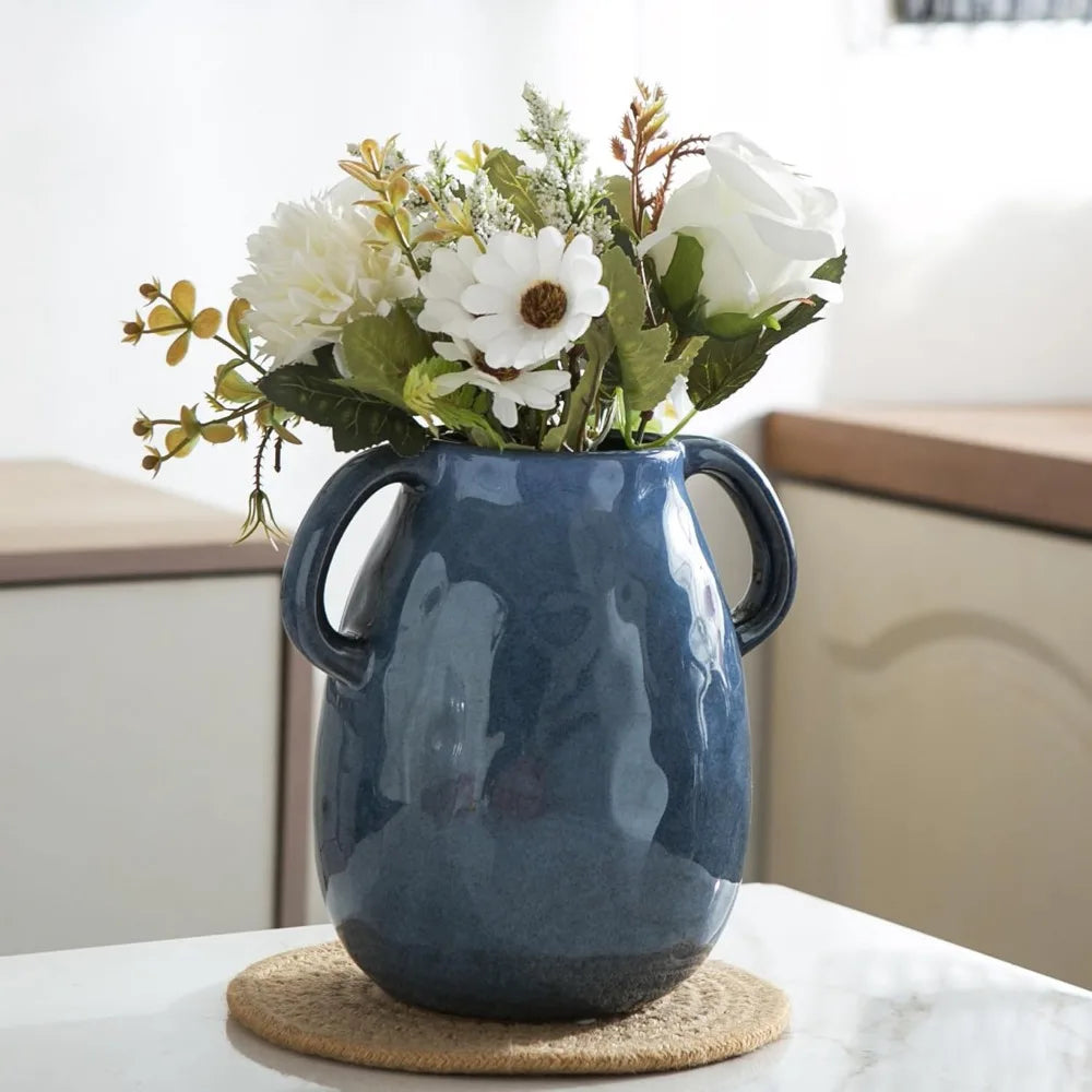 Blue Ceramic Vase with 2 Handles, Modern Farmhouse Vase for Home Decor, Rustic Pottery Vase, Decorative Terracotta Flower Vase