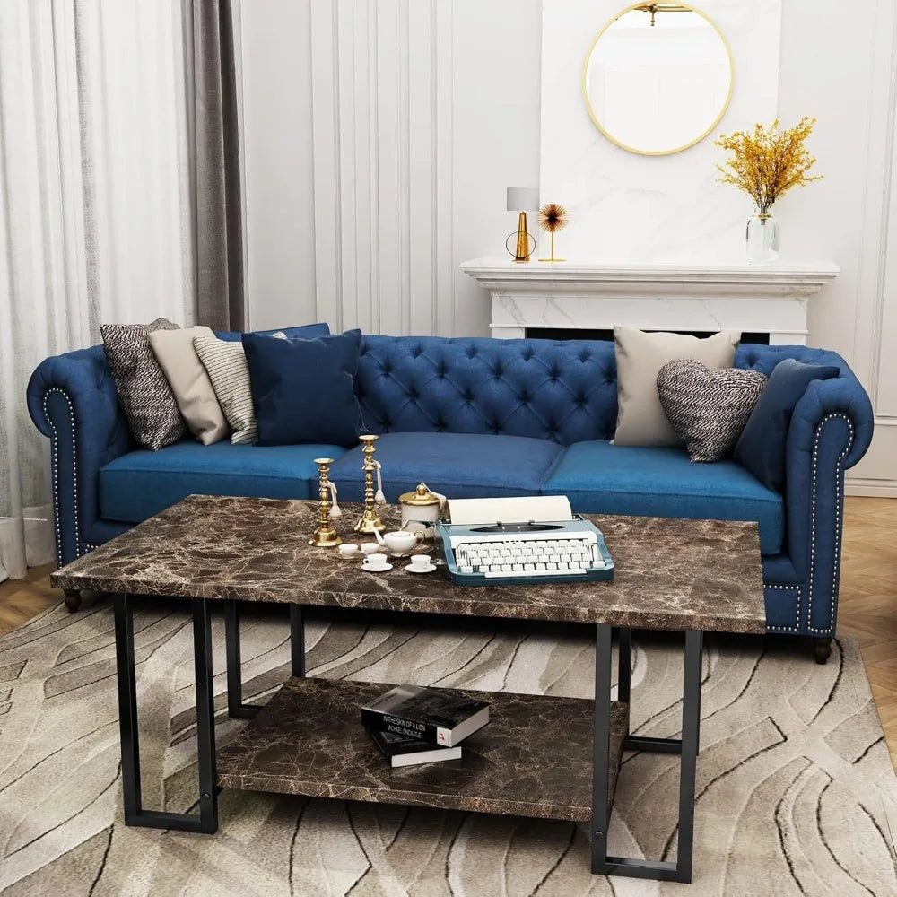 Marble Coffee Table, Imitation Marble Tabletop Rectangular Coffee Table with Black Metal Frame, 2-story Living Room Table