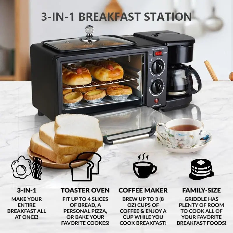 3 in 1 Breakfast Station, Toaster with Frying Pan, Portable Oven Breakfast Maker with Coffee Machine, Non Stick Die Cast