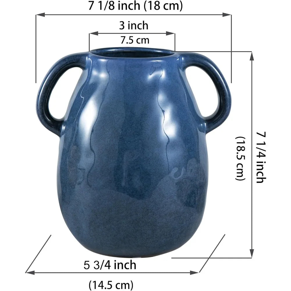 Blue Ceramic Vase with 2 Handles, Modern Farmhouse Vase for Home Decor, Rustic Pottery Vase, Decorative Terracotta Flower Vase