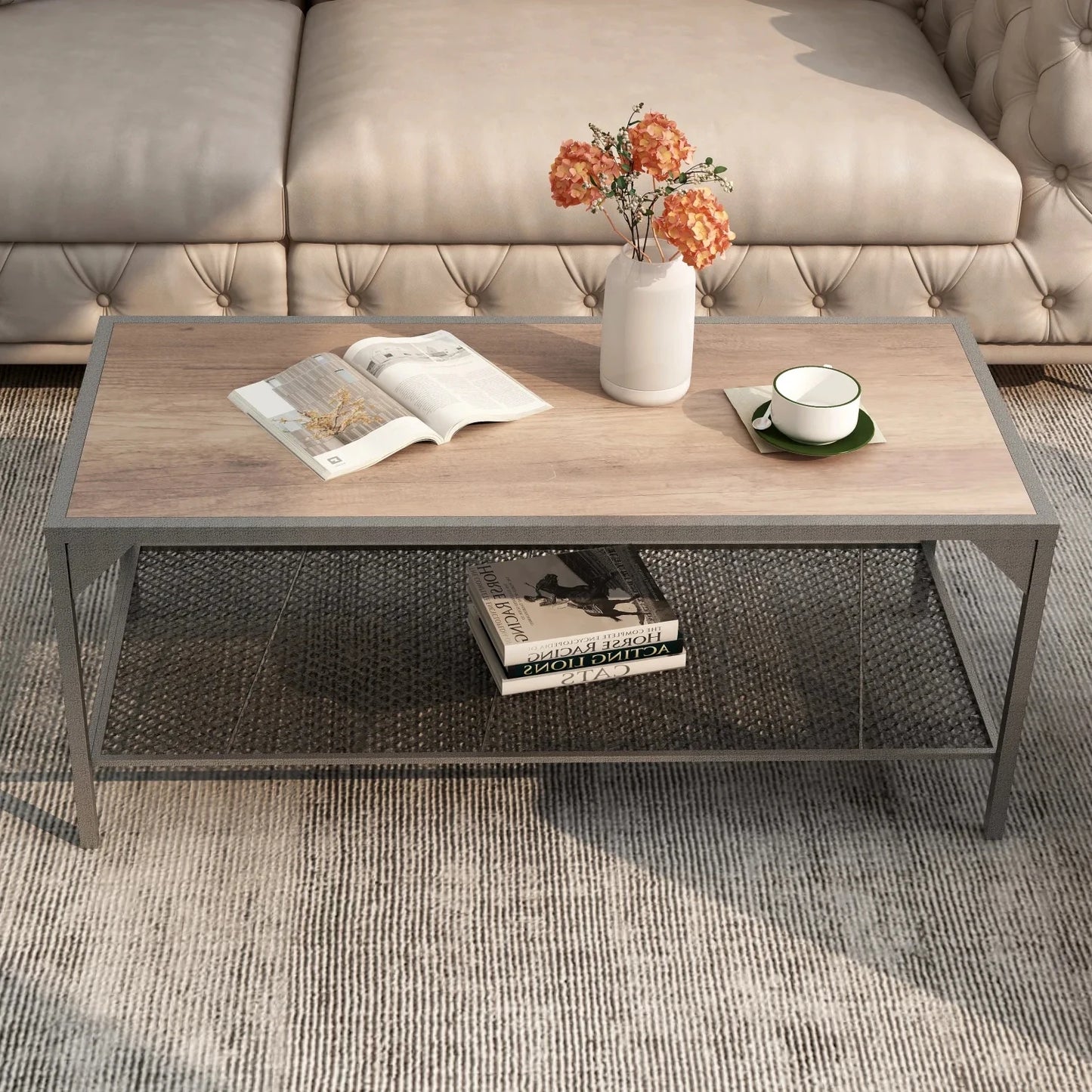 Coffee Table TV Stand W/3D Texture Metal Frame&Mesh Storage Shelf Moisture-Proof Water-Proof Scratch-Resistant for Living Room