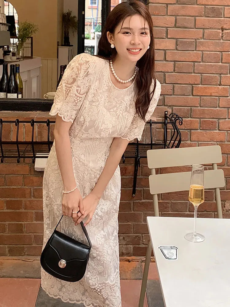 New Summer French Style Lace Women Elegant O Neck Party Midi Dress Fashion Embroidery Cutout Apricot Office Lady Clothes Vestido