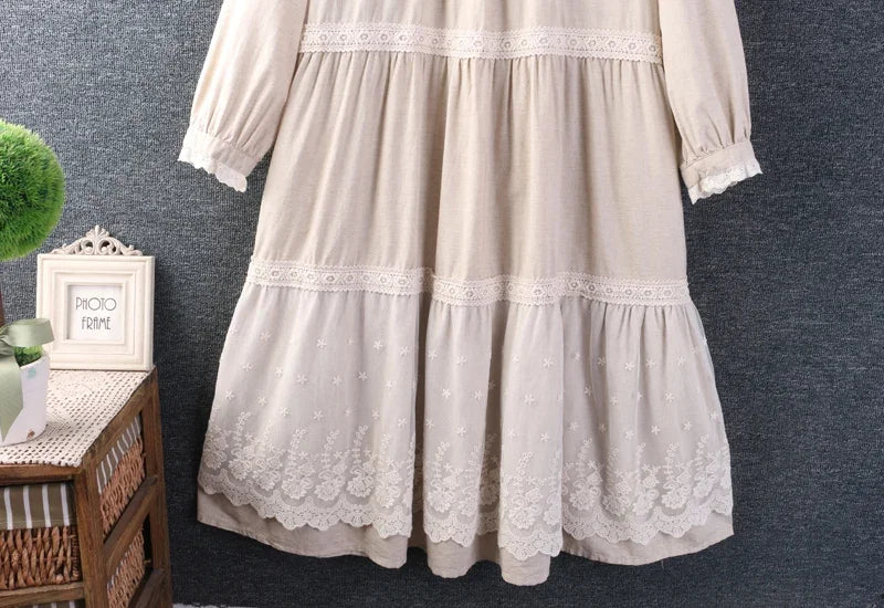 Spring Sweet Mori Girl Lace Spliced Floral Embroidery Cotton Linen Dress Women Long Sleeve Casual Loose Midi Dresses