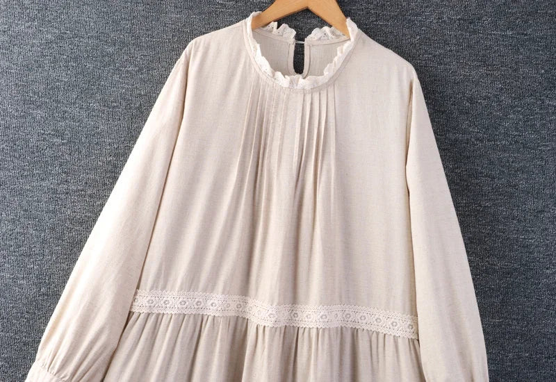 Spring Sweet Mori Girl Lace Spliced Floral Embroidery Cotton Linen Dress Women Long Sleeve Casual Loose Midi Dresses