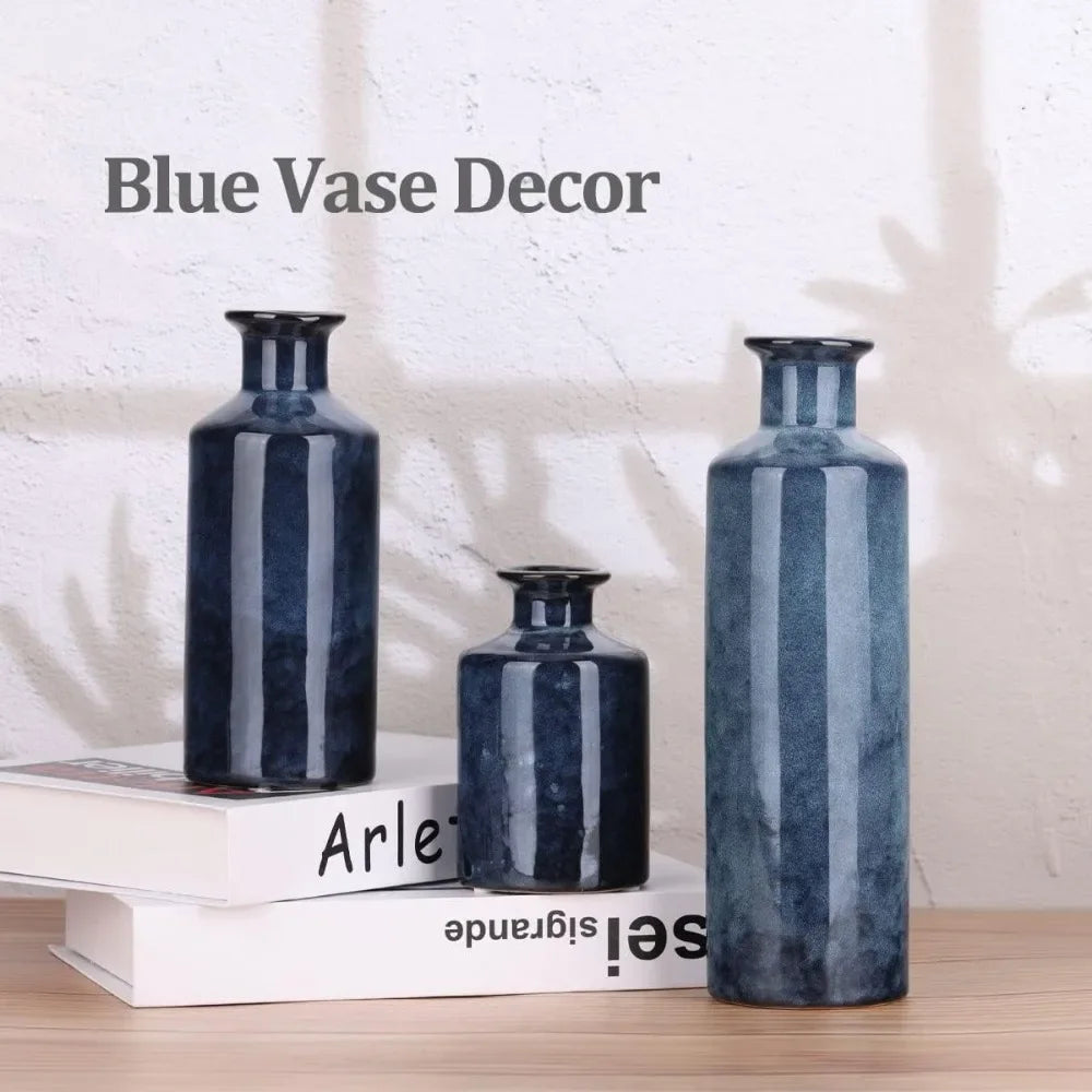 Blue Ceramic Vases Set - 3 Blue Small Vase, Farmhouse Country Blue Vases Home Decor, Living Room Decoration, Table Decoration