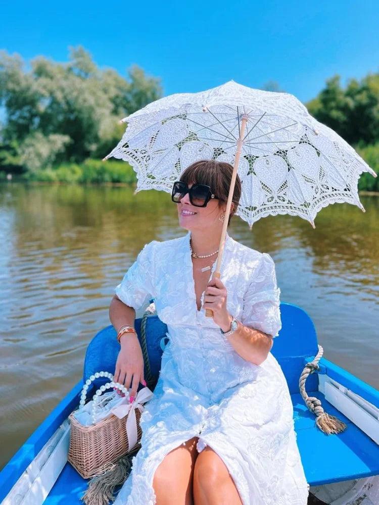 Elegant White Party Long Dress Women's Luxury V-neck Printed Single Breasted Split Evening Robe 2024 New Chic Street Dresses