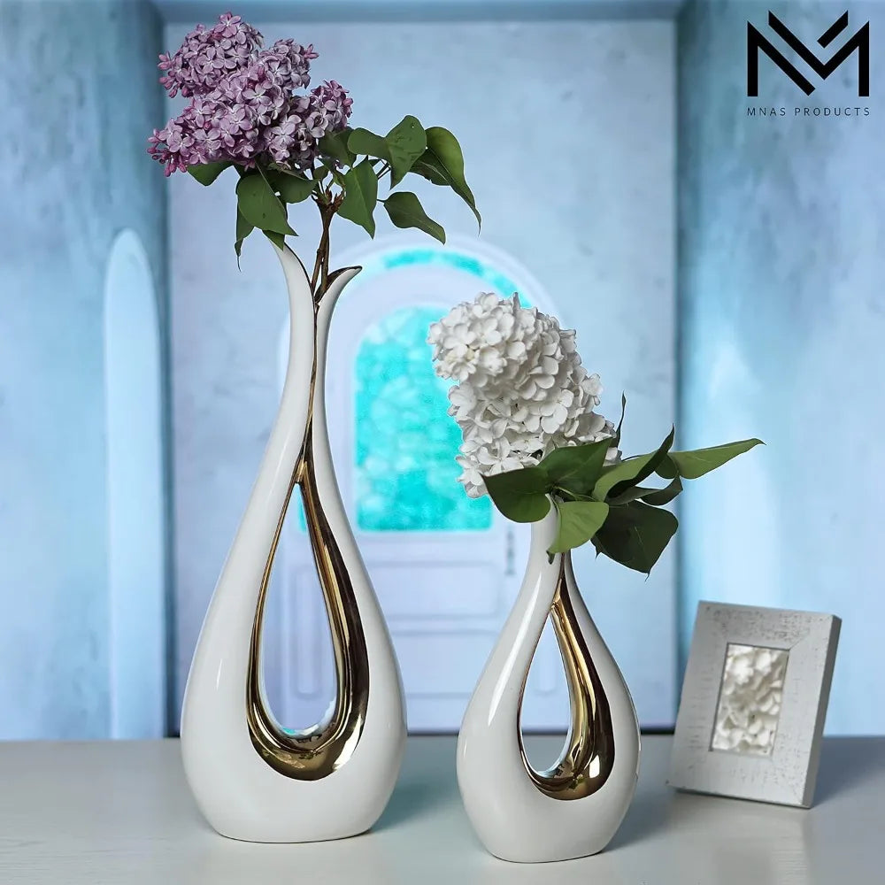 White Ceramic Decorative Vases, Set of 2, Nordic, Modern, Minimalist Design, for Home Decor, Bedroom, Weddings, Restaurants