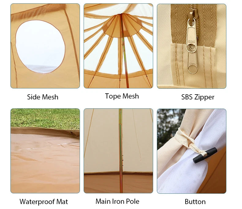 Camping Family Outdoor Water Drop Canvas Tents Glamping Luxury Hotel 5m Cotton Khaki Fabric Oxford Dome Glamping Tent