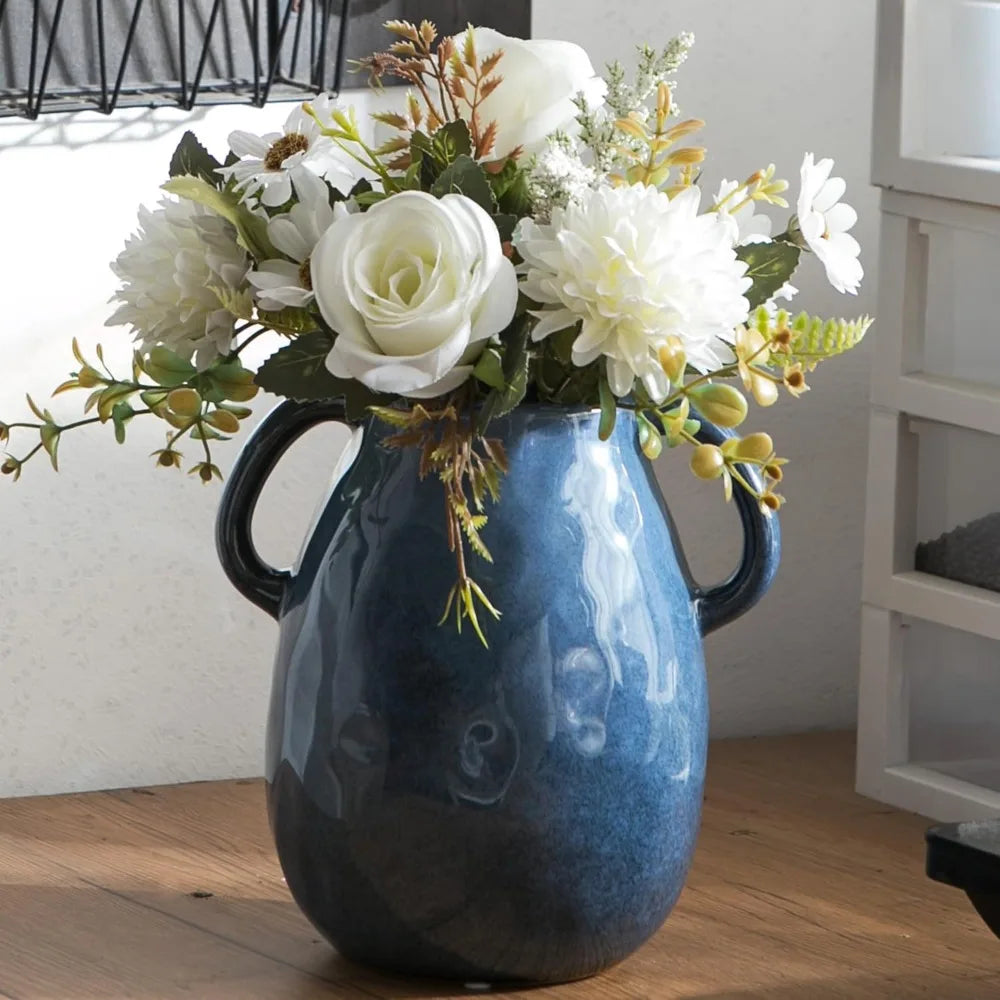 Blue Ceramic Vase with 2 Handles, Modern Farmhouse Vase for Home Decor, Rustic Pottery Vase, Decorative Terracotta Flower Vase