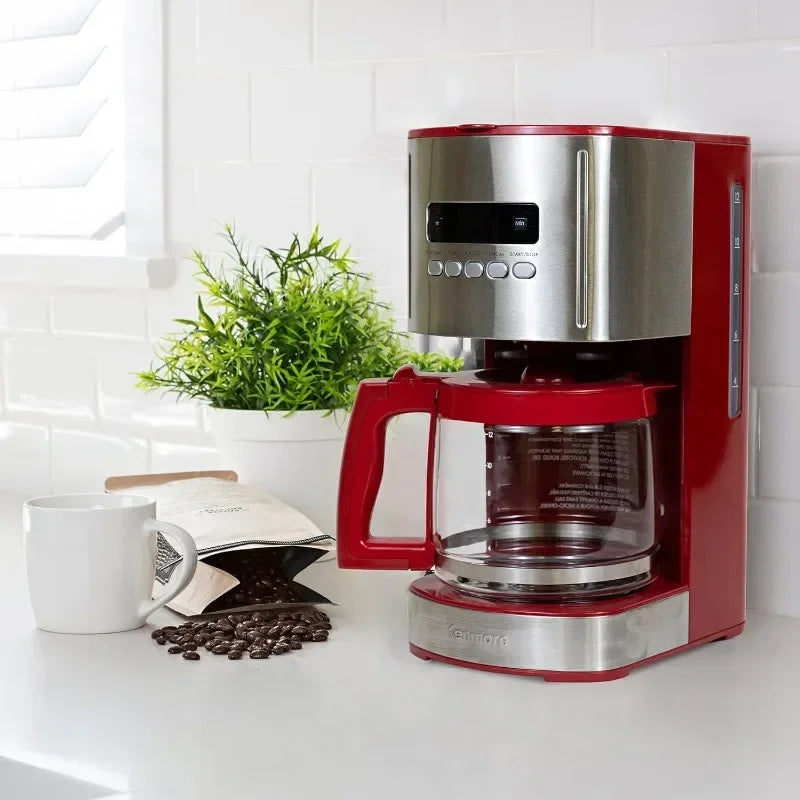 Control 12-cup Programmable Coffee Maker, Red and Stainless Steel Drip Coffee Machine, Glass Carafe