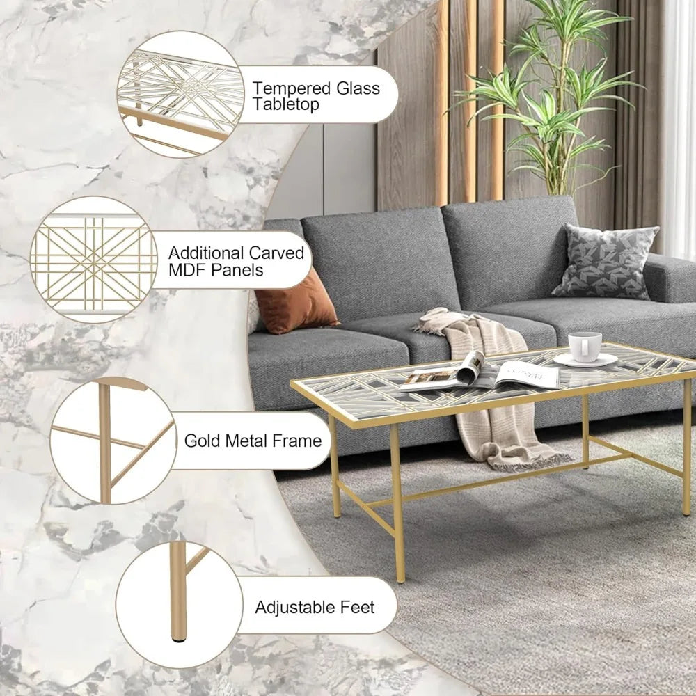 Rectangular Glass Coffee Table, Modern Coffee Table with 3D Hollowed Out Carved Wooden Board, Living Room Gold Coffee Table