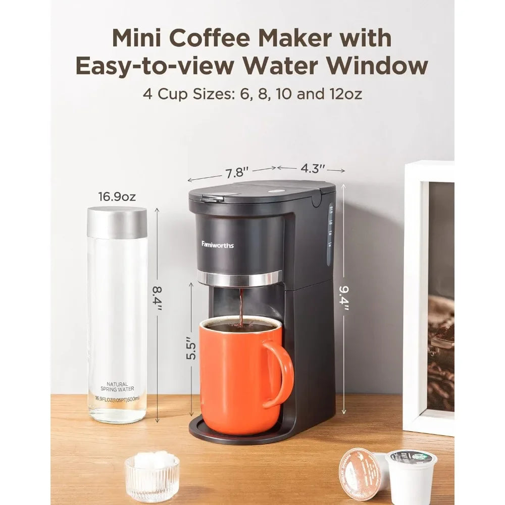 Mini Coffee Maker Single Serve, Instant One Cup K Cup & Ground Coffee, 6 to 12 Oz Brew Sizes, Capsule Coffee Machine, Black