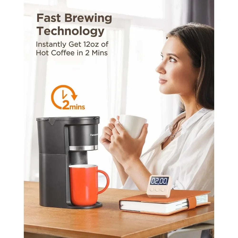 Mini Coffee Maker Single Serve, Instant One Cup K Cup & Ground Coffee, 6 to 12 Oz Brew Sizes, Capsule Coffee Machine, Black