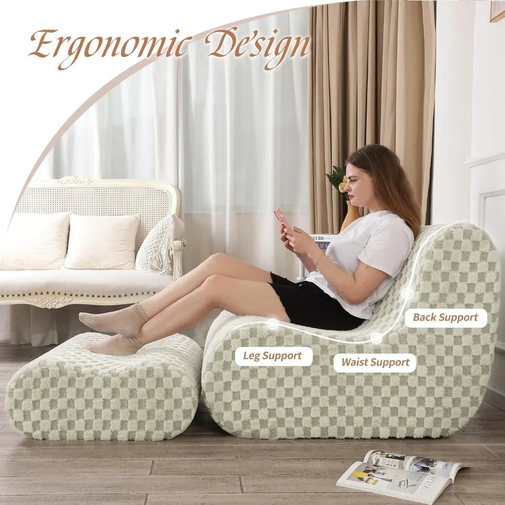 Accent Bean Bag Chair with Footstool, Modern Lazy Sofa Chair with Comfy Jacquard Shaggy Plush,creating a cozy and charming space