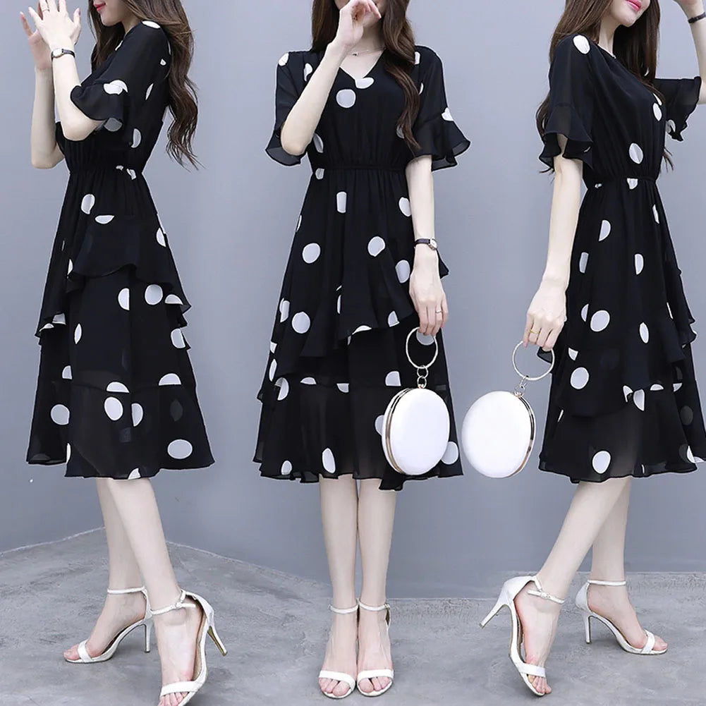 Women Midi Dress V-neck Polka Dot High Waist Irregular Short Ruffle Sleeves Summer Dress