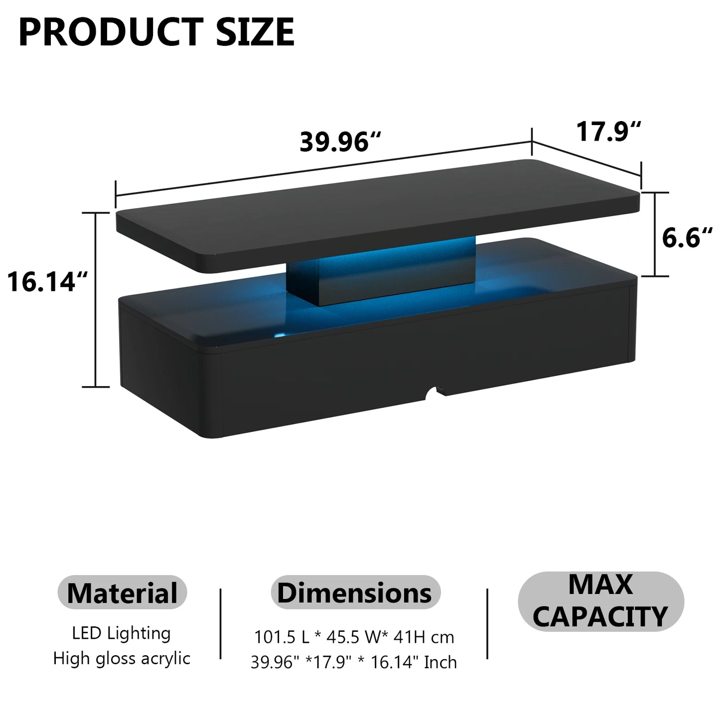 Modern Stylish Coffee Table with 16 Colors LED Lights, Double-Layer Design for Living Room, Black