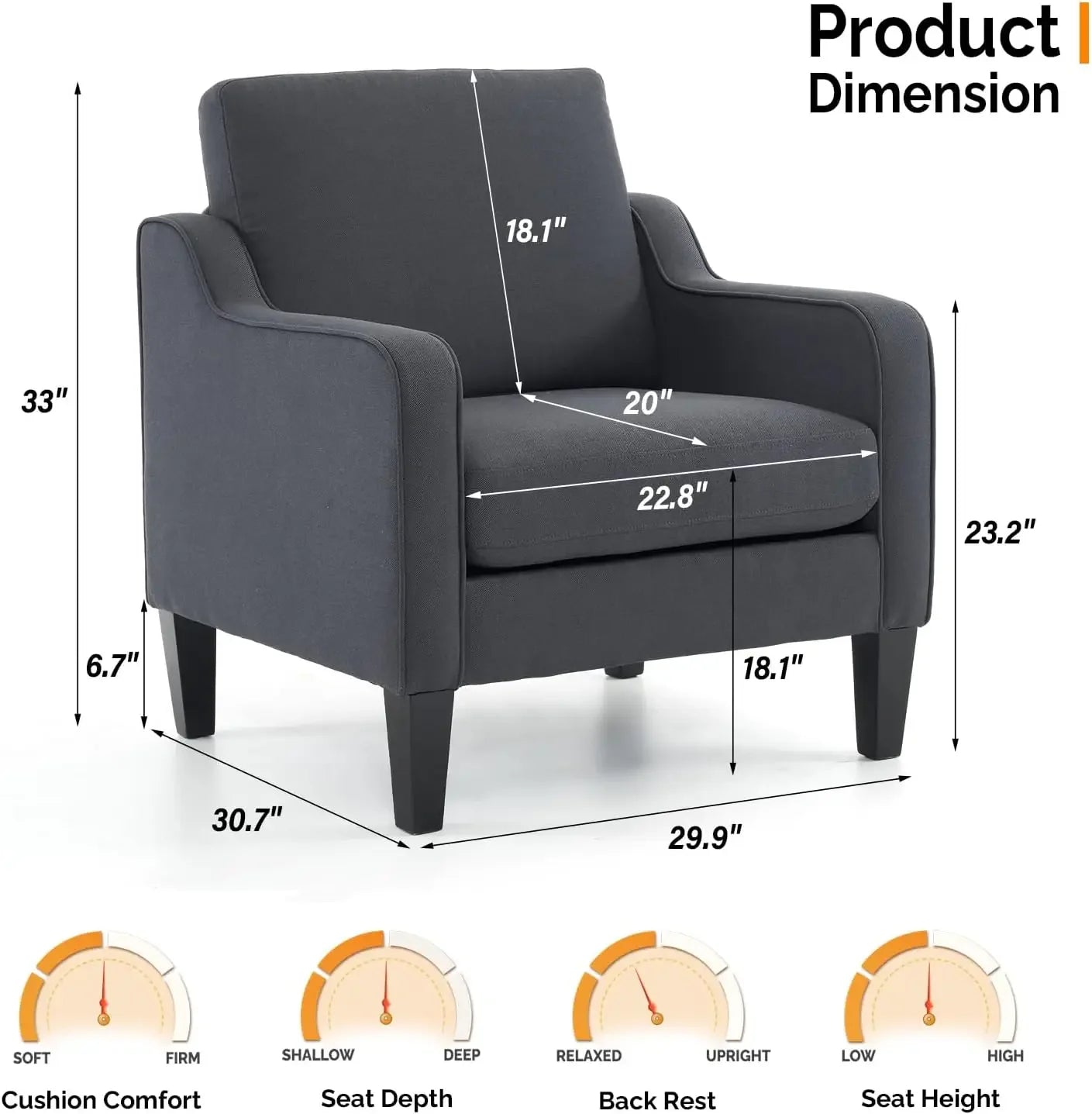VINGLI Accent Chairs for Living Room Chairs Mid Century Modern Chair Sofa Chair Upholstered Arm Chair with Scooped Arms for Bedr