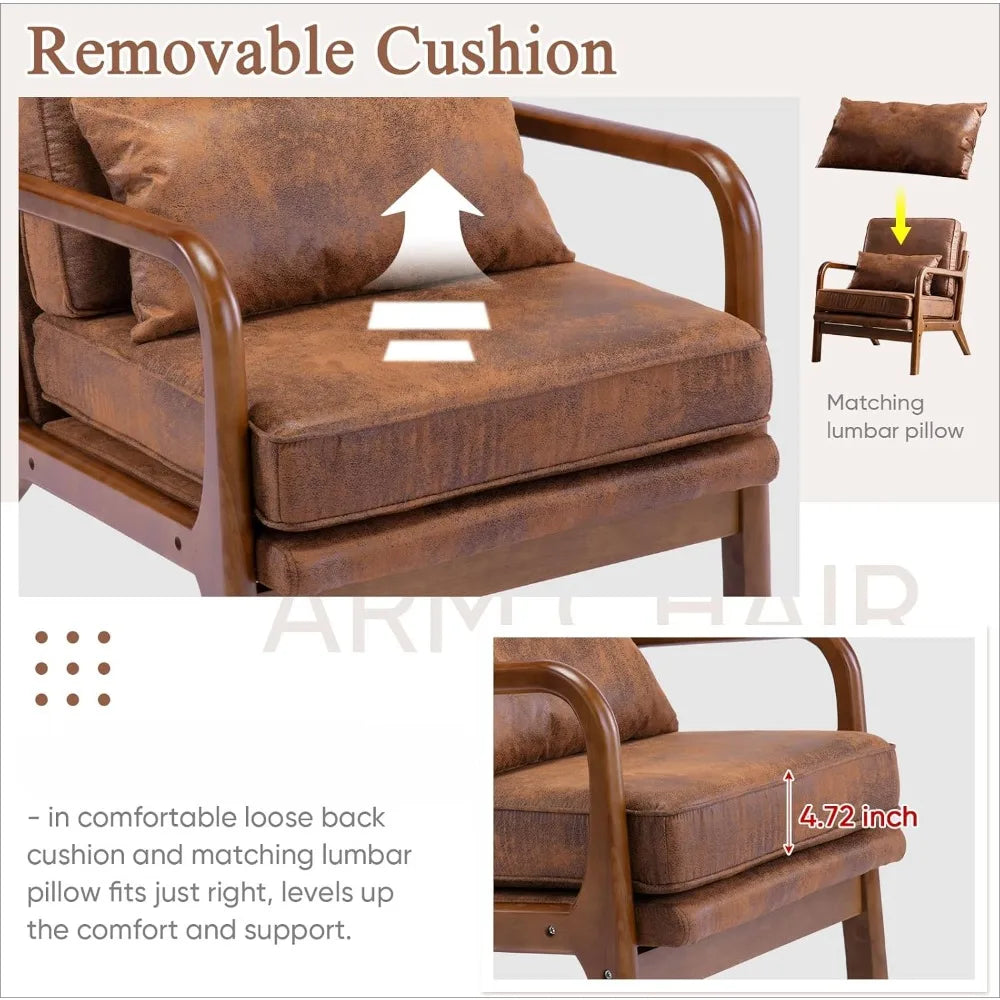 Mid Century Modern Accent Chair Set of 2Living RoomComfy Solid Wood Arm Chair with Lumber Pillow Lounge Decorative Brown Leather
