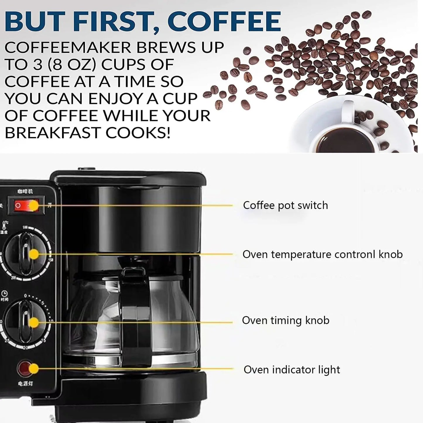 3 in 1 Breakfast Station, Toaster with Frying Pan, Portable Oven Breakfast Maker with Coffee Machine, Non Stick Die Cast