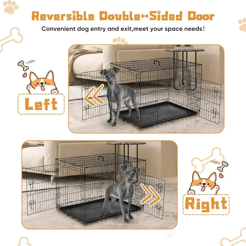 Dog Crate, 36 Inch Medium Double Door Dog Crate with Dividers and Plastic Leak-Proof Tray, Folding Wire Pet Cage