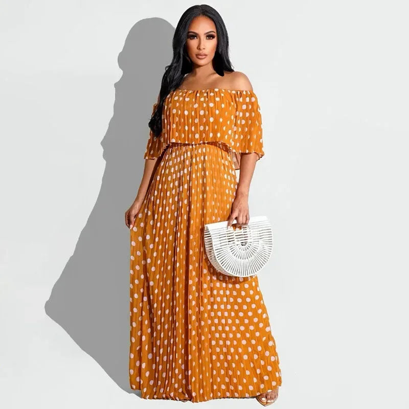 KEXU Polka Dot Off Shoulder Butterfly Sleeve Big Swing Fit Flare Maxi Long Women Dress 2024 Summer Holiday Boho Sundress