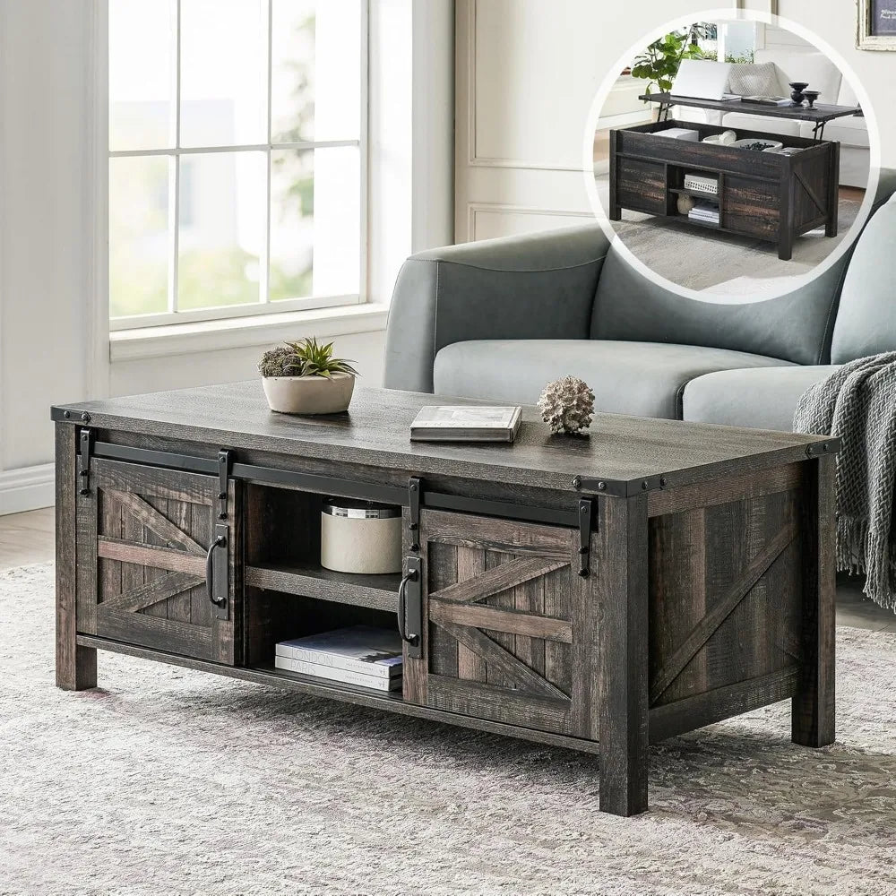 48 Inch Farmhouse Lift Coffee Table with Sliding Barn Door, Hidden Storage Compartment, Lift Tabletop, and Adjustable Shelf