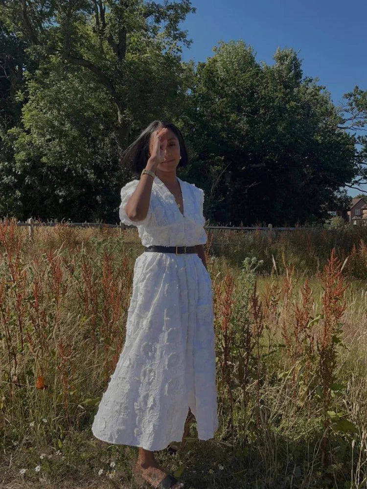 Elegant White Party Long Dress Women's Luxury V-neck Printed Single Breasted Split Evening Robe 2024 New Chic Street Dresses