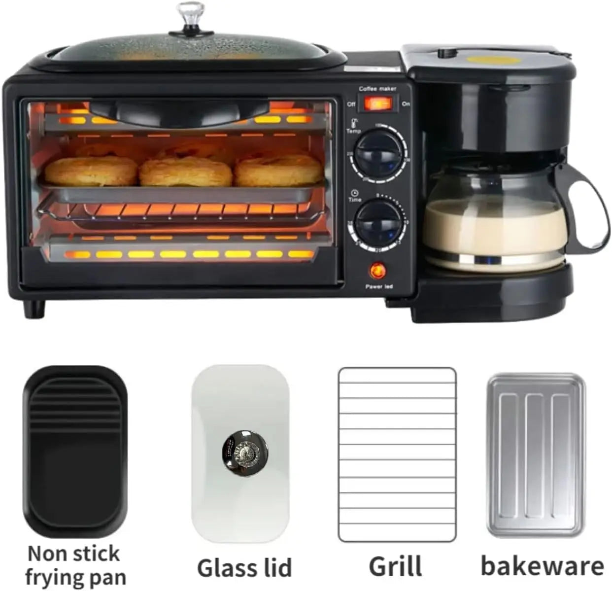 3 in 1 Breakfast Station, Toaster with Frying Pan, Portable Oven Breakfast Maker with Coffee Machine, Non Stick Die Cast