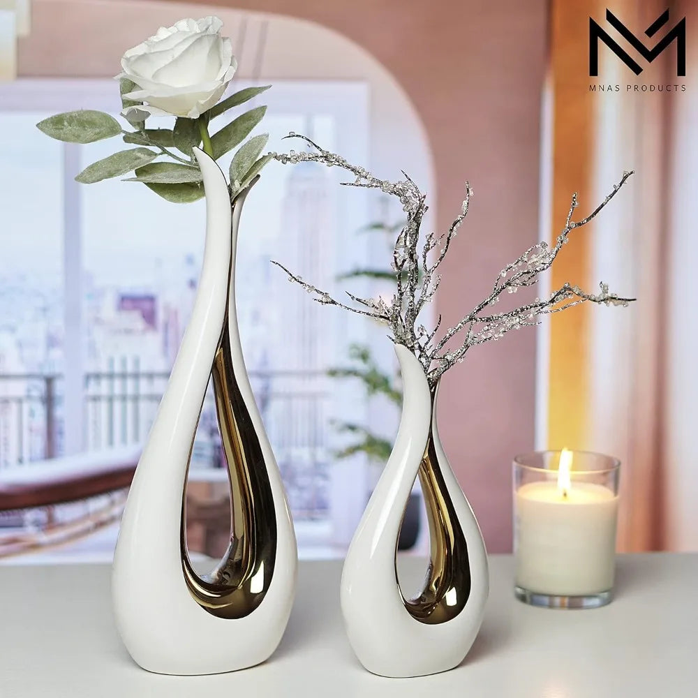 White Ceramic Decorative Vases, Set of 2, Nordic, Modern, Minimalist Design, for Home Decor, Bedroom, Weddings, Restaurants