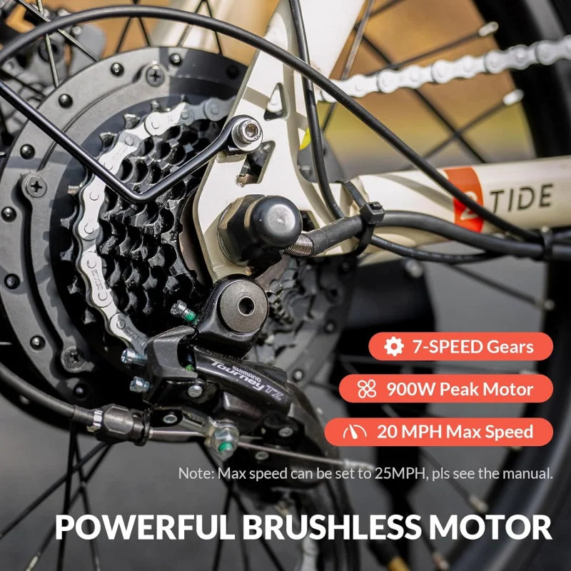 Bike, 20 "Fat Tire step-thru electric bicycle, 900W peak motor 45 miles 20mph top, dual suspension; 7-speed Foldi