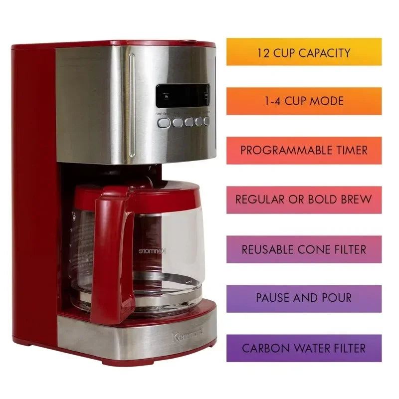 Control 12-cup Programmable Coffee Maker, Red and Stainless Steel Drip Coffee Machine, Glass Carafe
