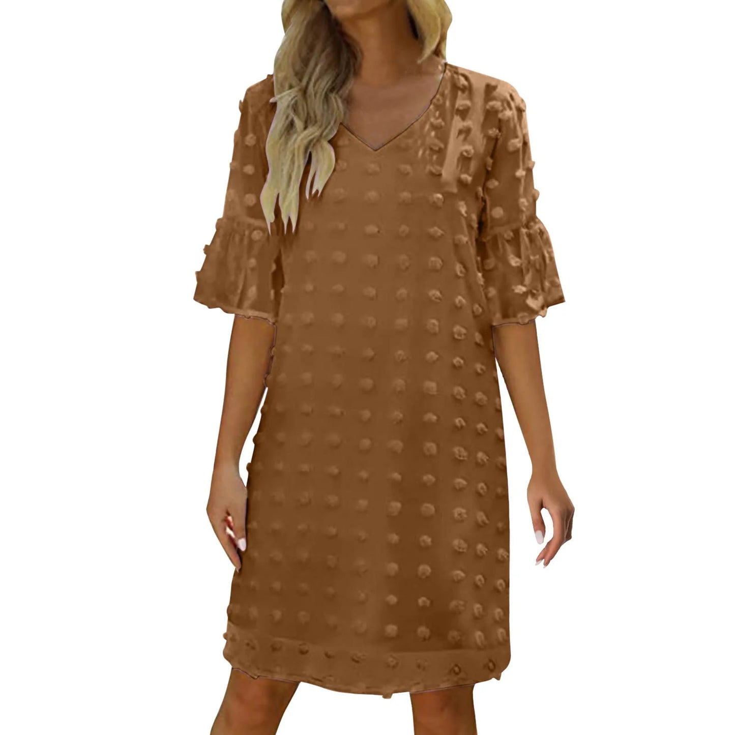 2024 Summer Beach Casual Dress For Women Solid Color V-Neck Flare Sleeve Short Dresses Polka Dot Flowy Temperament Ladies Dress