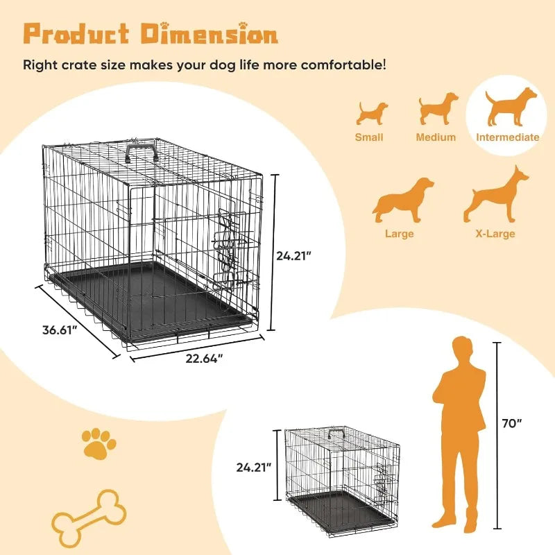 Dog Crate, 36 Inch Medium Double Door Dog Crate with Dividers and Plastic Leak-Proof Tray, Folding Wire Pet Cage