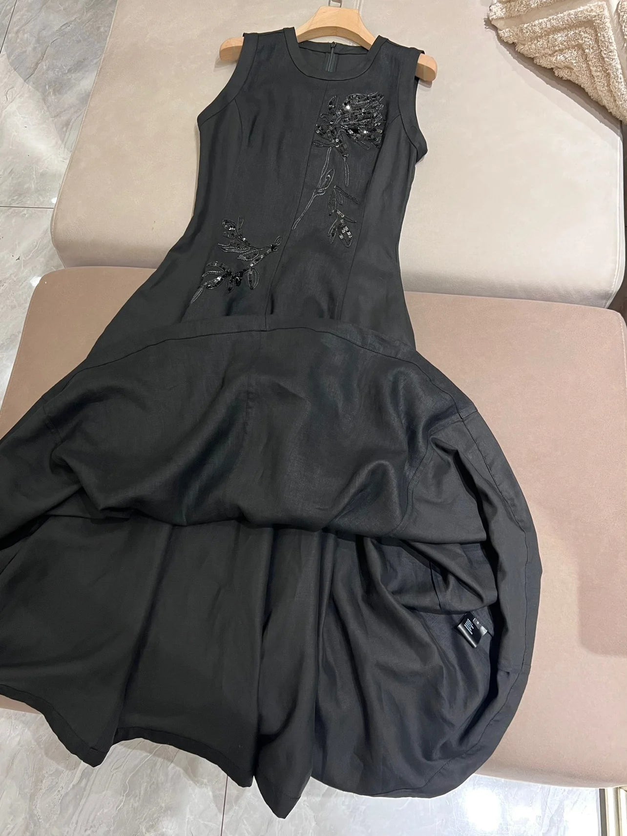 Summer B*C Women's Dress Linen Pullover Sleeveless Embroidery Dresses Woman Clothing High Quality Skirt Sparkling Sequins