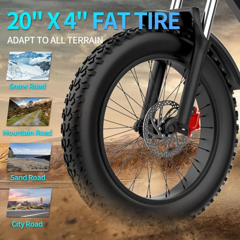 Bike for Adults, 1000/2000W, 25/30/37MPH,48V-52V, 20AH,40AH Battery, Max 50-180 Miles Electric Motorcycle, 20" Fat