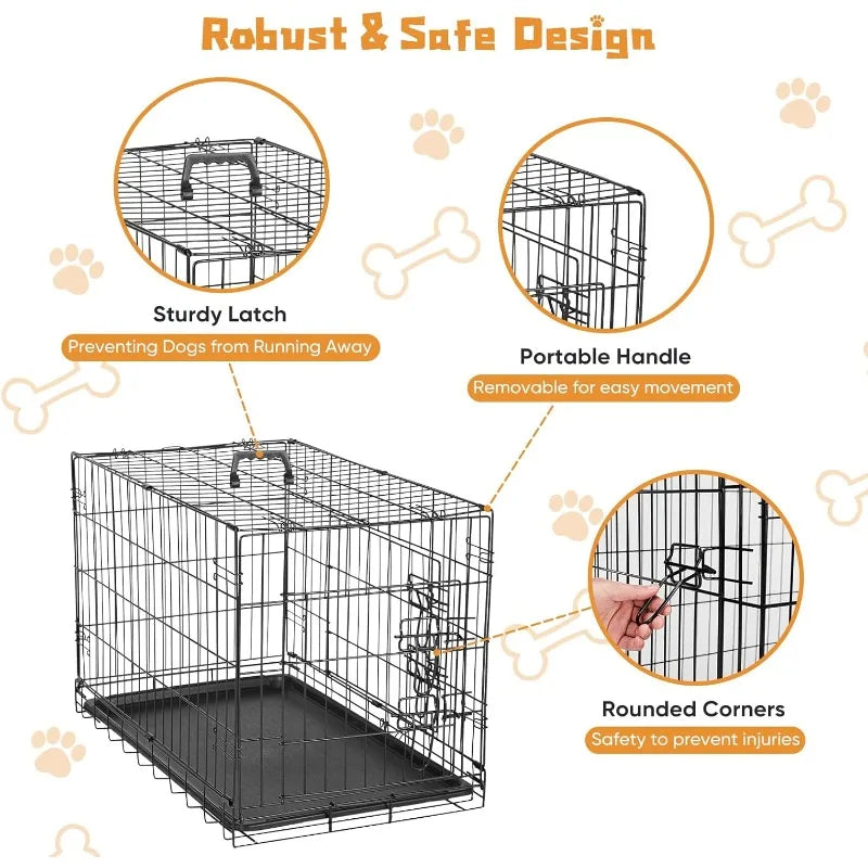 Dog Crate, 36 Inch Medium Double Door Dog Crate with Dividers and Plastic Leak-Proof Tray, Folding Wire Pet Cage