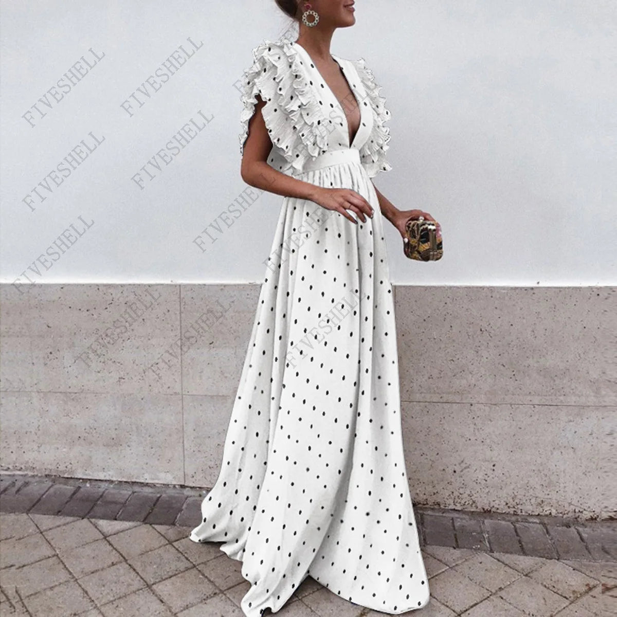 Medieval Polka Dot Chiffon Summer Bohemian Beach Dress Hollow Out Fit and Flare Maxi Women Dresses V Neck Patchwork Vestidos