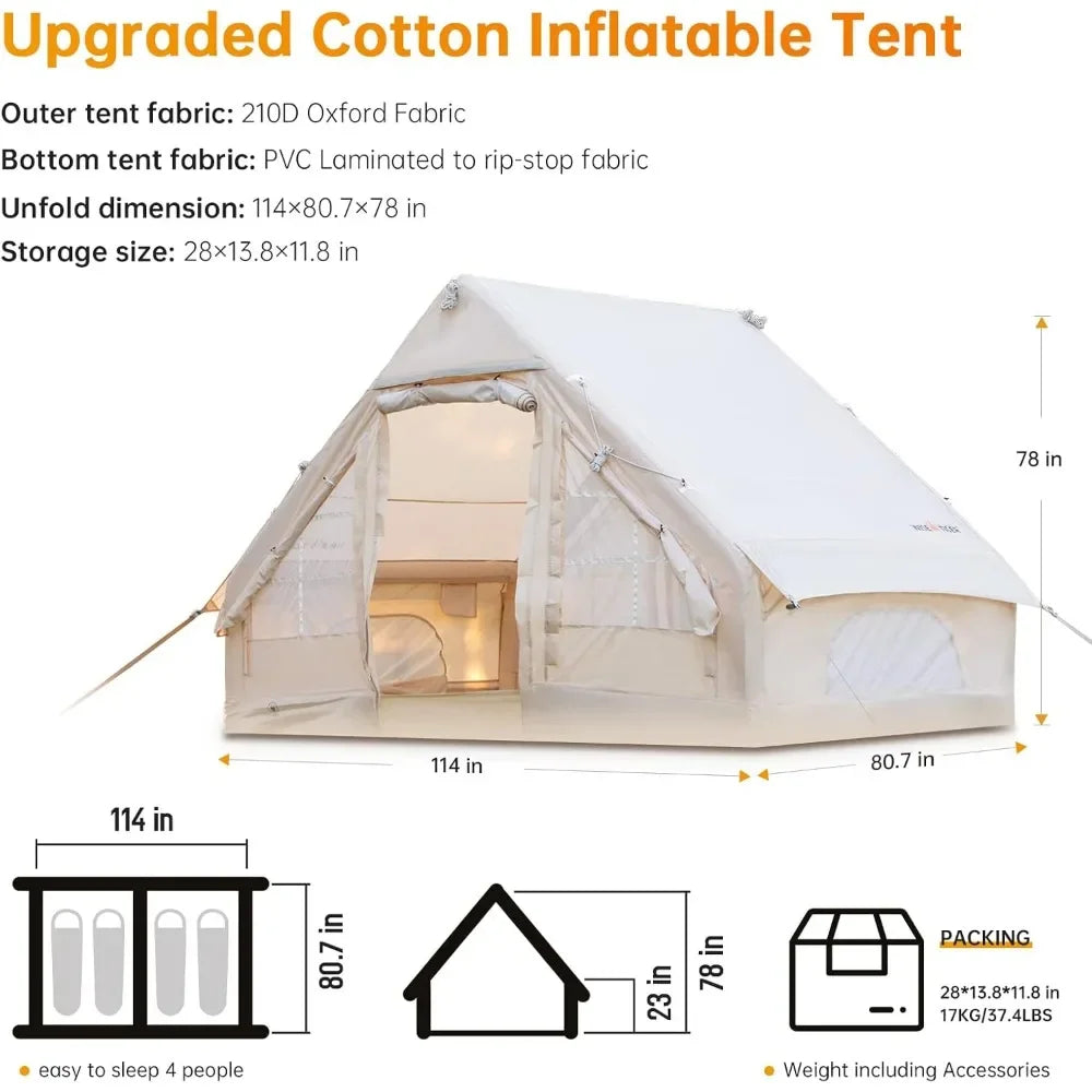 Season Waterproof Windproof Outdoor Blow Up Tent, Luxury Cabin Tent with Mesh Windows & Doors
