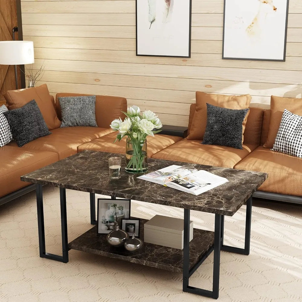 Marble Coffee Table, Imitation Marble Tabletop Rectangular Coffee Table with Black Metal Frame, 2-story Living Room Table
