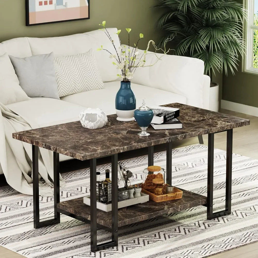 Marble Coffee Table, Imitation Marble Tabletop Rectangular Coffee Table with Black Metal Frame, 2-story Living Room Table