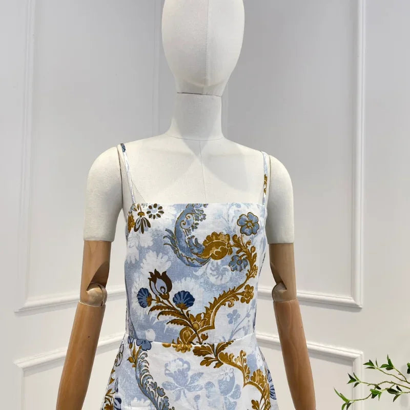 2024 Summer New Women Fashion Top Quality Blue Linen Vintage Floral Print Folds Camisole Back Split Pencil Midi Dress