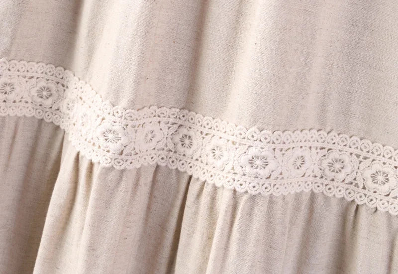 Spring Sweet Mori Girl Lace Spliced Floral Embroidery Cotton Linen Dress Women Long Sleeve Casual Loose Midi Dresses