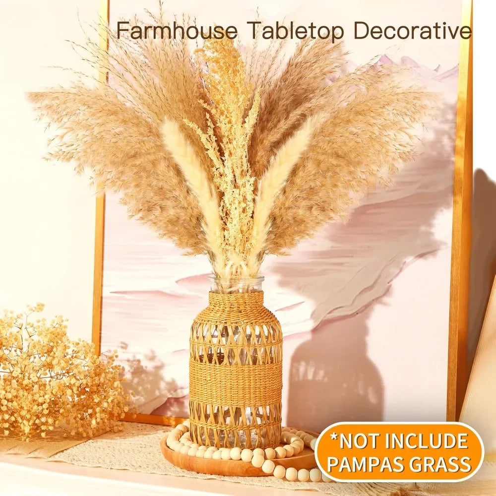 Rustic Farmhouse Vase, Hand Woven Boho Glass Vase for Home Decor, Artistic Decorative Dried Pampas Flower Vases for Bookshlef
